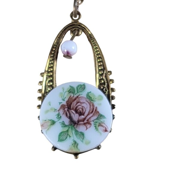 Unsigned Vintage Earrings & Necklace Set Cameo Pink Rose Porcelain Victorian - Picture 6 of 12